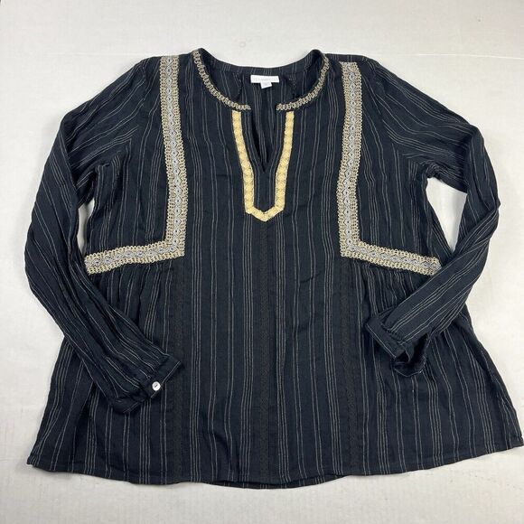 J.Jill Blouse Striped Embroidered Crochet Trim Shirt Long Sleeve V-Neck MEDIUM - Picture 1 of 10